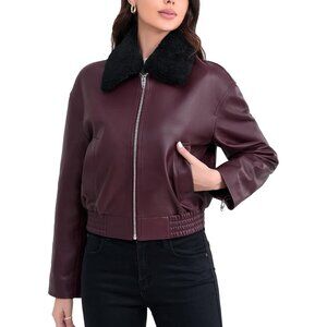 Womens Burgundy Leather Cropped Lambskin Bomber Jacket Zip Front Sherpa Collar